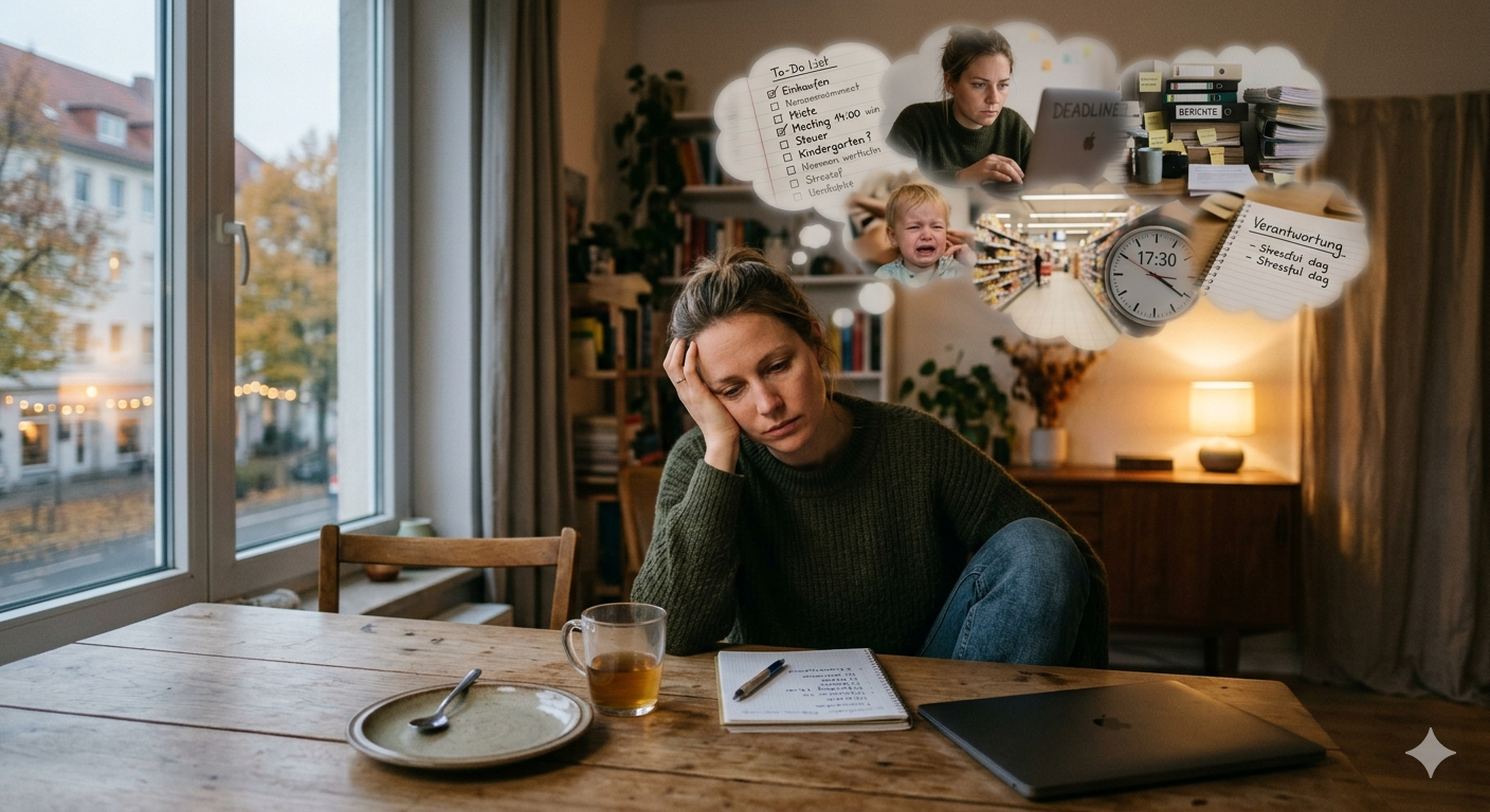 Erschöpfte Frau sitzt nachdenklich am Tisch – ständiges Funktionieren und emotionale Erschöpfung