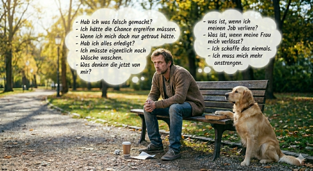 Angespannte Person im Park, die nicht abschalten kann.